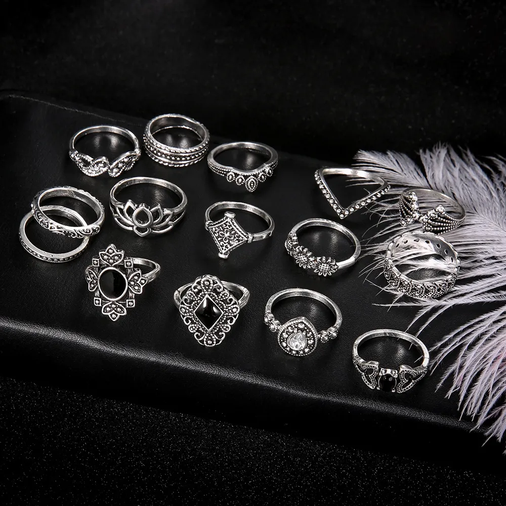 One pack of 15 cross-border source bohemian vintage lotus female new personality 15 piece set ring wholesale