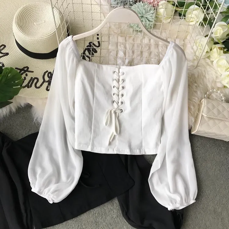 Women's Blouses French Chic Blouse Women Off-shoulder Bandage Lace-up Sweet Girls Blusas De Mujer Puff Sleeve Female Corset Top Drop