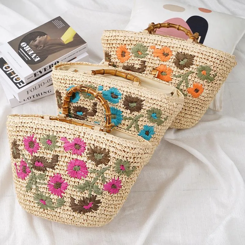 Bolsas de noite coloridas pequenas bolsas de flores palha vime bolsa pastoral única moda feminina praia