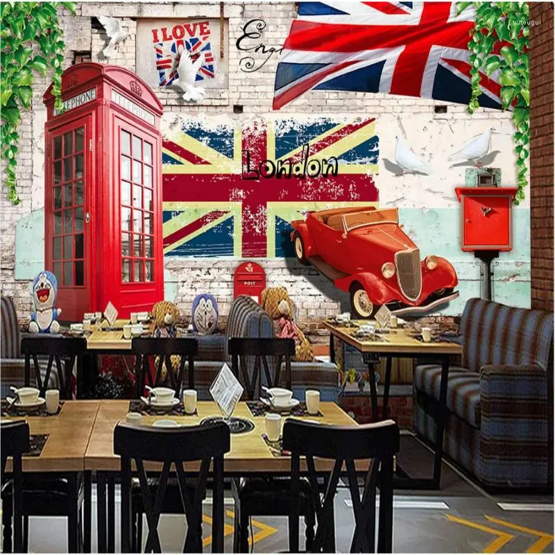 壁紙英国スタイルの赤い電話ボックスヴィンテージカーバーの壁紙コーヒーショップの背景壁壁画