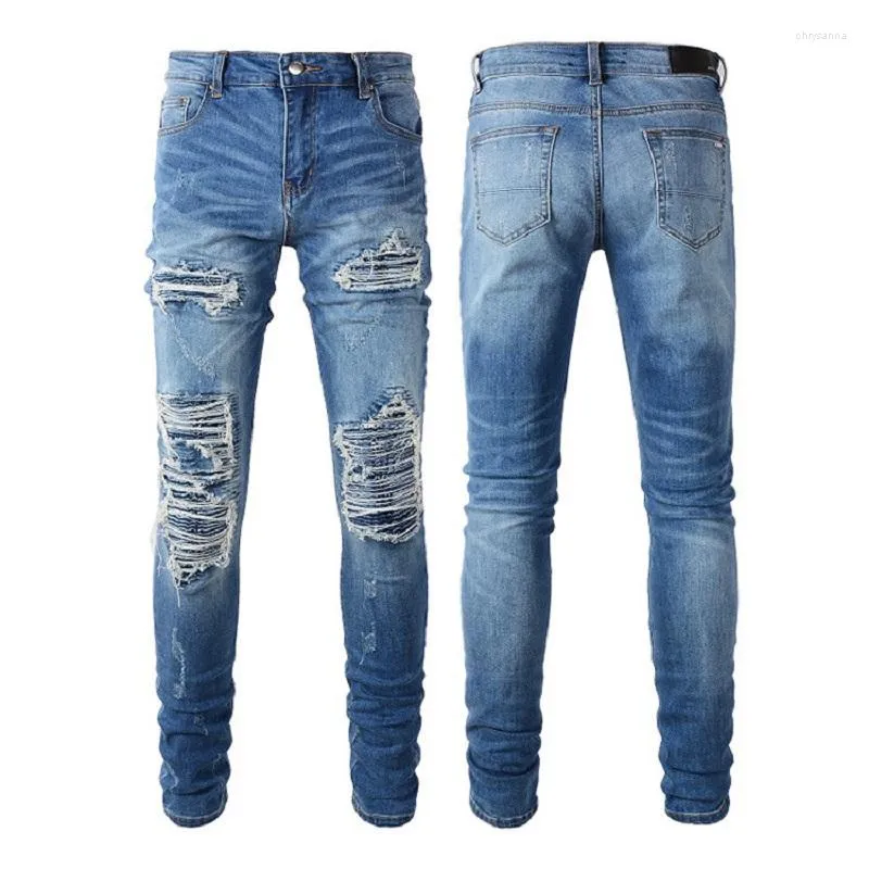 Jeans da uomo strappati azzurri streetwear moda in difficoltà skinny elasticizzati toppe a coste distrutte