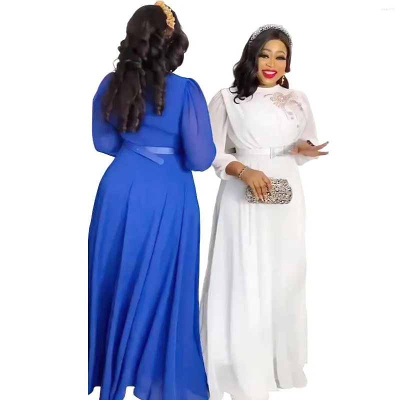 Vêtements ethniques L-3XL Mode Dames Perlée Taille Haute A-ligne Robe En Mousseline De Soie Dashiki Élégant Africain Femmes Parti Maxi Ening Robes Caftan