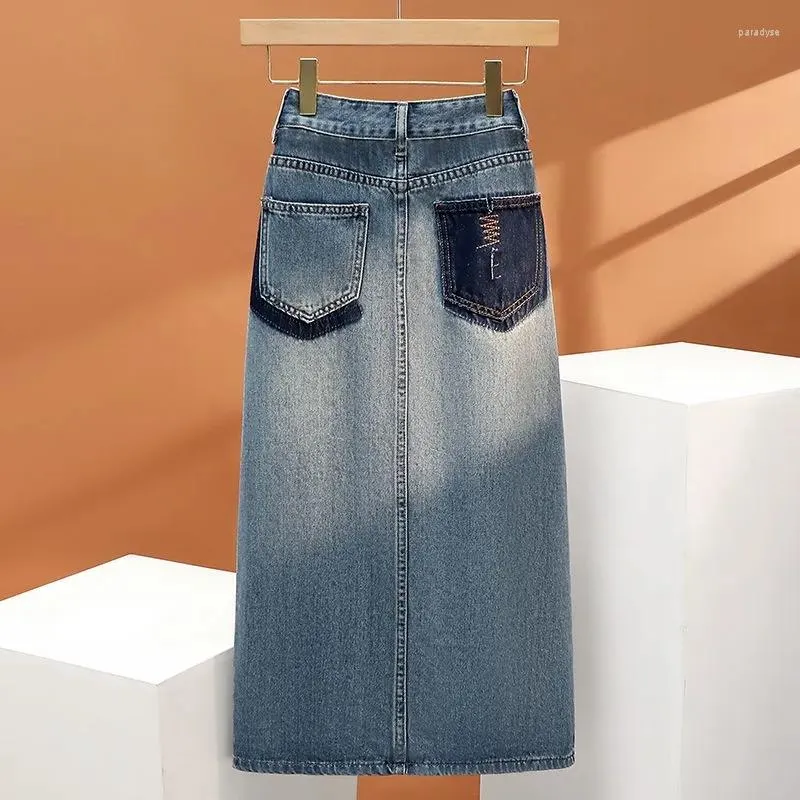 Jupes 2023 printemps et été mince Vintage Denim jupe femmes taille haute conception sens décontracté longue a-ligne femme vêtements