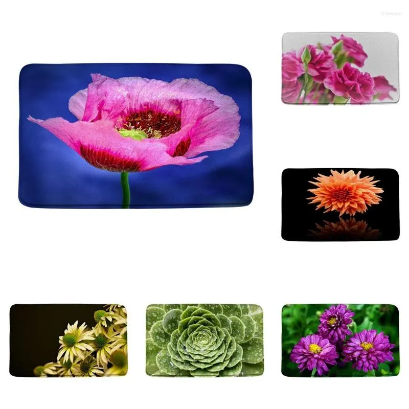 Bath Mats Pink Flowers Mat Non-slip Dahlia Green Succulents Plant Floral Scenery Memory Foam Bathroom Shower Rug Kitchen Doormat Home