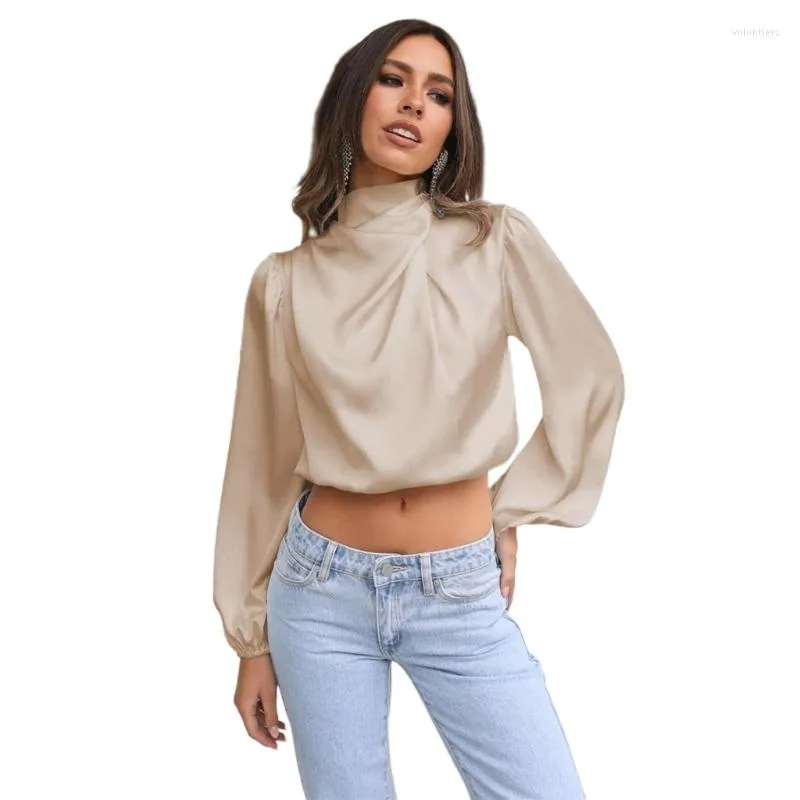 Women's T Shirts Womens Mock Neck Satins Silk Long Sleeve Shirt Elegant Work Blouses Casual Top Solid Color Crop Tops Camisole 57BD