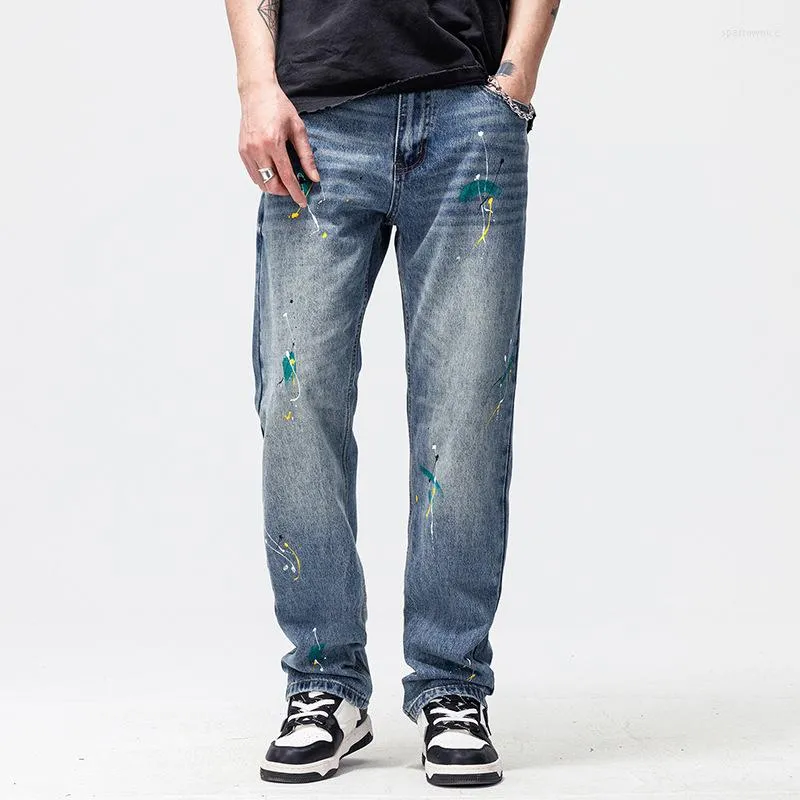 Jeans pour hommes mode de rue américaine hommes rétro bleu peint concepteur droit jambe large pantalon ample Vintage Denim pantalon Hombre