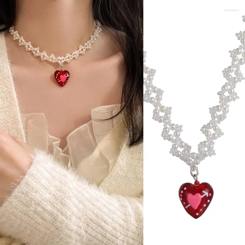 Chaînes 634C Elégant Coloré Glaçure Coeur Pendentif Collier Perles Et Résine Belle