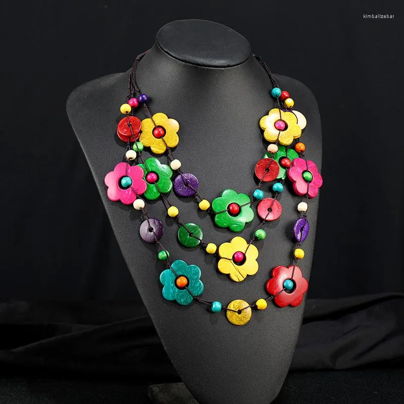 Collier ras du cou bohème fait à la main tissé collier bois multicouche fleur perles ethnique gland pendentif colliers vêtements accessoires