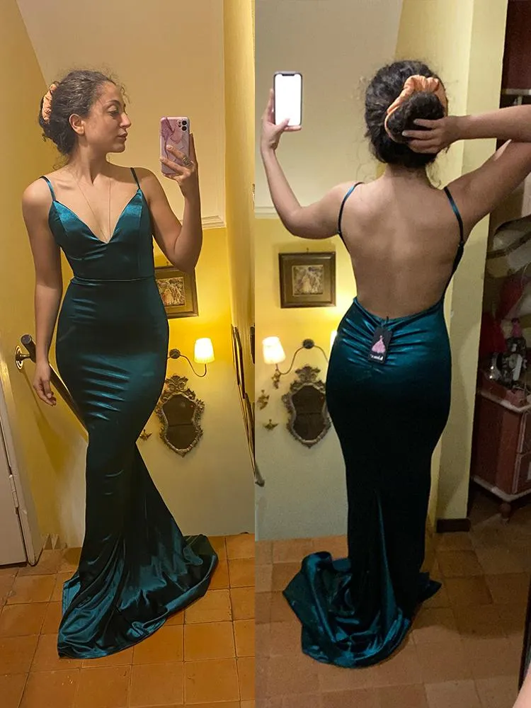 Ternos profundo decote em v fúcsia cetim maxi vestido longo sereia bodycon até o chão aberto nas costas estiramento corte vestido de festa preto