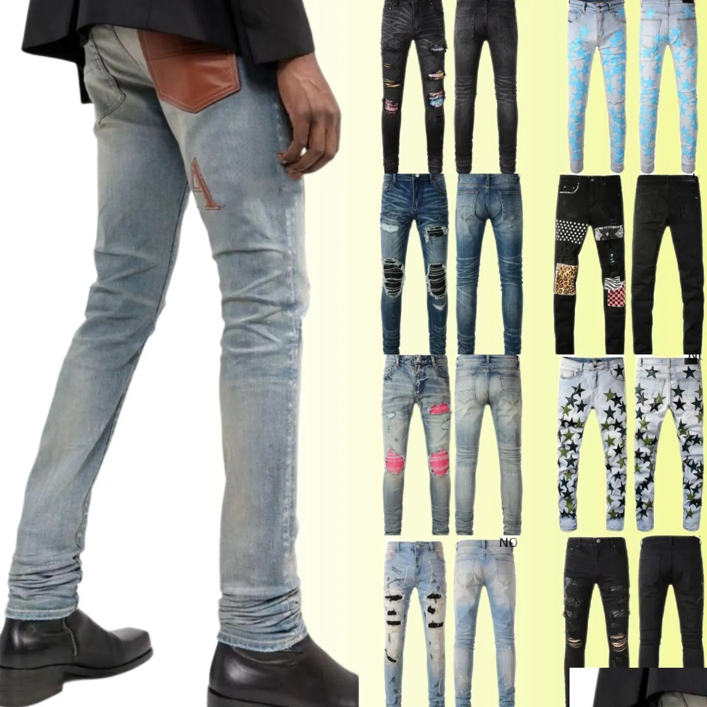 Herr jeans Ripped Miri Herr Designer Knä Skinny Rak Storlek 28-40 Motorcykel Trendiga långa hål High Street Drop Delivery Apparel C Dhthf