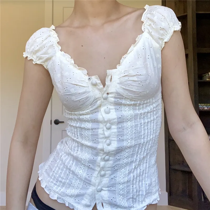 Women's T-Shirt Doury Kawaii White Corset Top 2000s T-Shirts Lace Trim Vintage Harajuku Button V Neck Slim Pullovers Tees y2k Milkmaid Top 230707