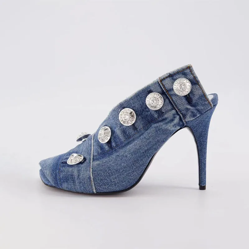 2023 women Ladies Genuine leather sandals high heels summer square peep toed button slipper wedding Denim Jeans dress Gladiator Casual The catwalk shoes siz 34-45