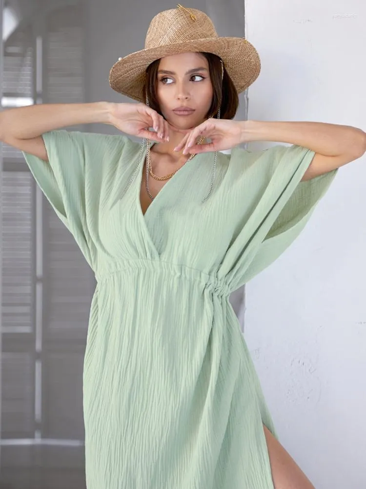 Vêtements de nuit pour femmes Hiloc vert coton chemises de nuit 2023 manches courtes nuit Peignoir col en v robe ample femmes fente mi-mollet robes sexy