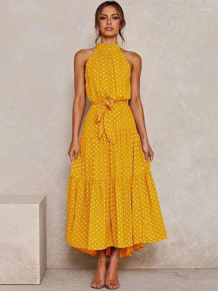 Robes décontractées été longue robe de mode à pois noir Sexy licou sans bretelles jaune robe d'été vêtements de vacances pour les femmes