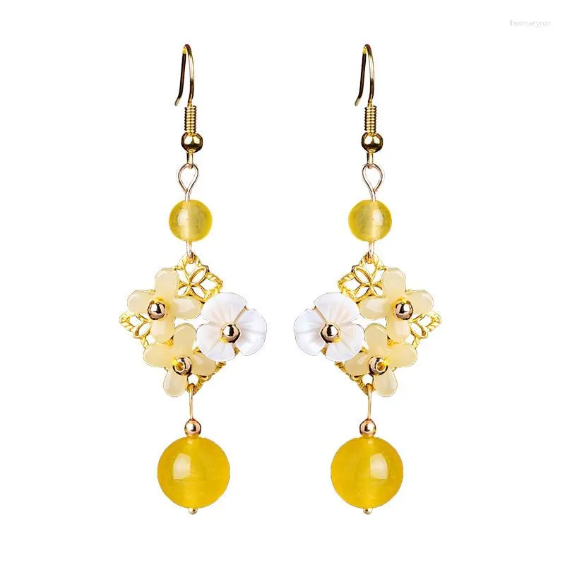 Dangle Boucles D'oreilles Jaune Jade Fleur Pierre Designer Naturel Mode Femmes Réel 925 Argent Charme Cadeaux Bijoux Chinois Amulette Pierres Précieuses