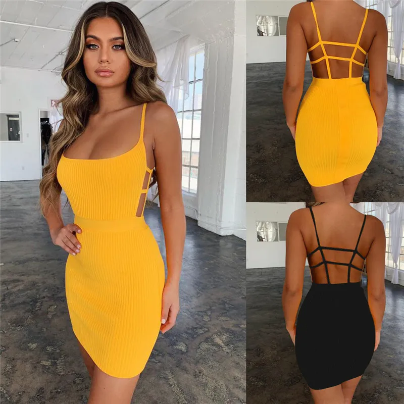 Women Fashion Bodycon Dress Sleeveless O Neck Spaghetti Strap Stretchy Package Hip Short Mini Dress Womens Club Dress Vestidos