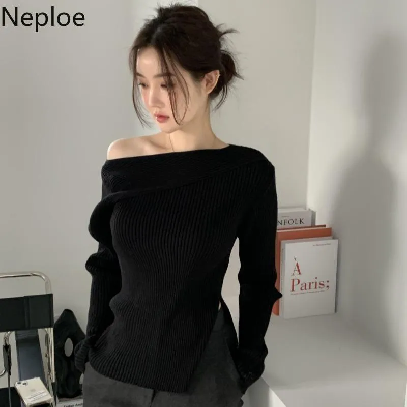 Pants Korean Woman Sweaters Off Shoulder Split Knit Y2K Tops Elegant Women's Sweater Pullovers Fashion Pull Femme Jumper Fall Clothing