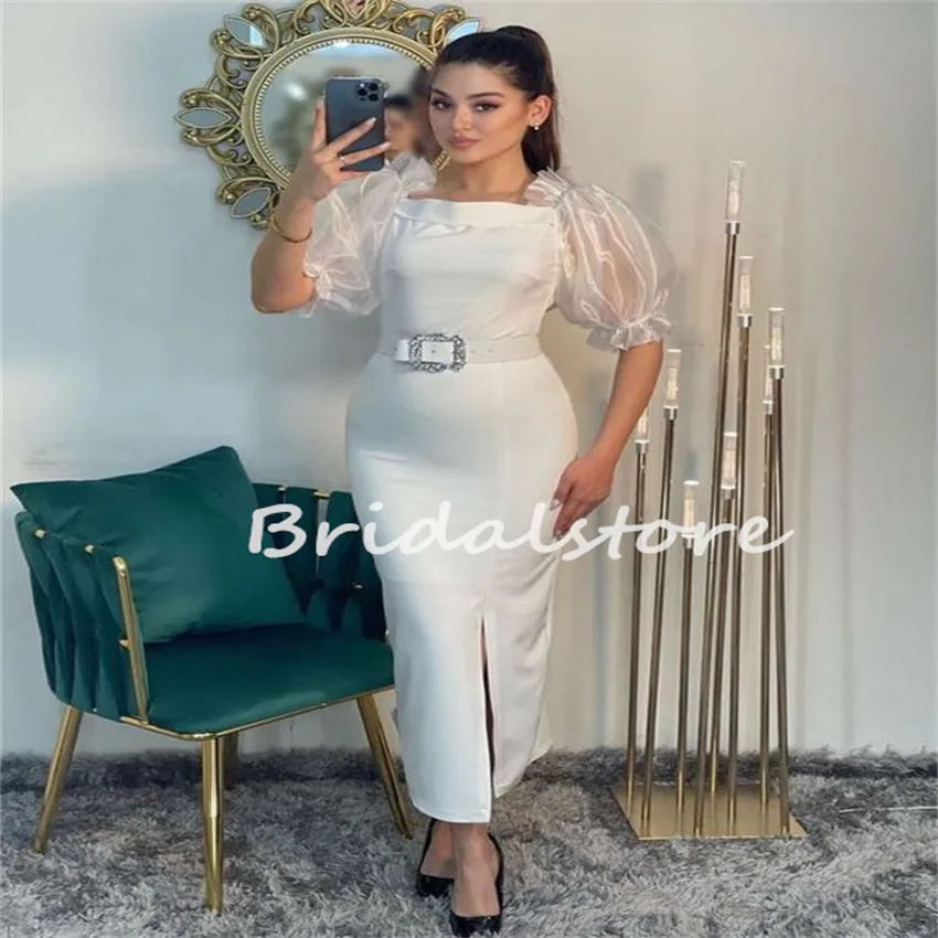 Chic White Arabic Evening Dress 2023 Short Sleeves Midi Length Maxi Prom Dresses Elegant Women Birthday Formal Party Gown Summer Night Graduation Cocktail Dress