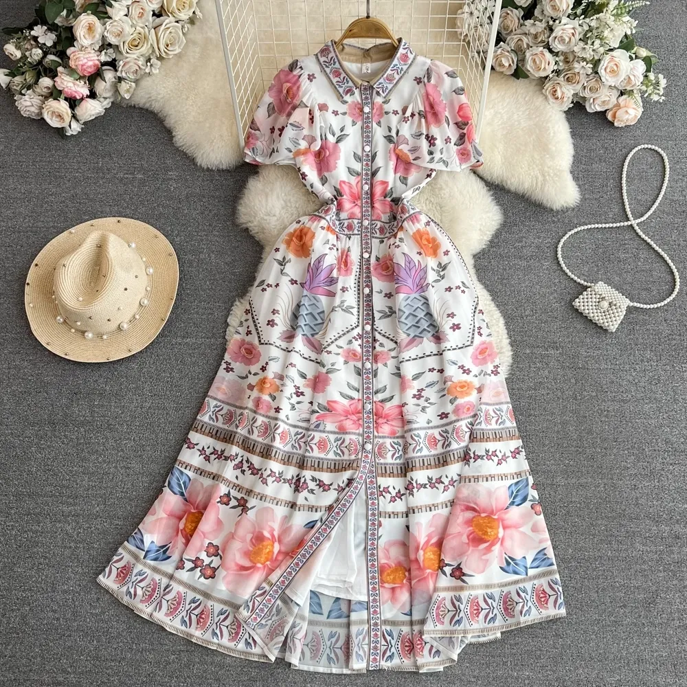 Vestido vintage estilo palácio com babados com gola rollover e cintura para mostrar vestido longo fino com estampa evasê único