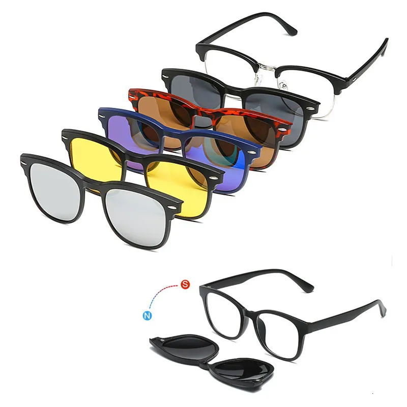 Sunglasses 6 In 1 Spectacle Frame Men Women With 5 PCS Clip On Polarized Magnetic Glasses Male Computer Optical 2201 230707