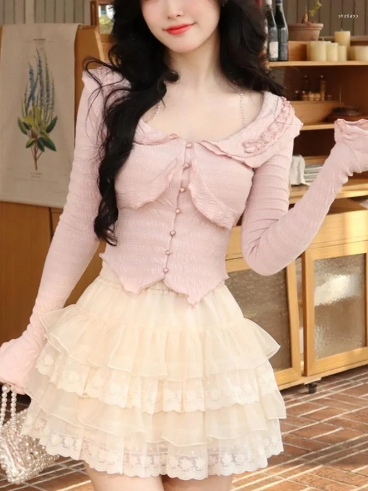 Werk Jurken Zomer Roze Frankrijk Zoete Blouse Vrouwen Slanke Japanse Lolita Leuke Vrouwelijke Lange Mouwen Koreaanse Stijl Kleding 2023