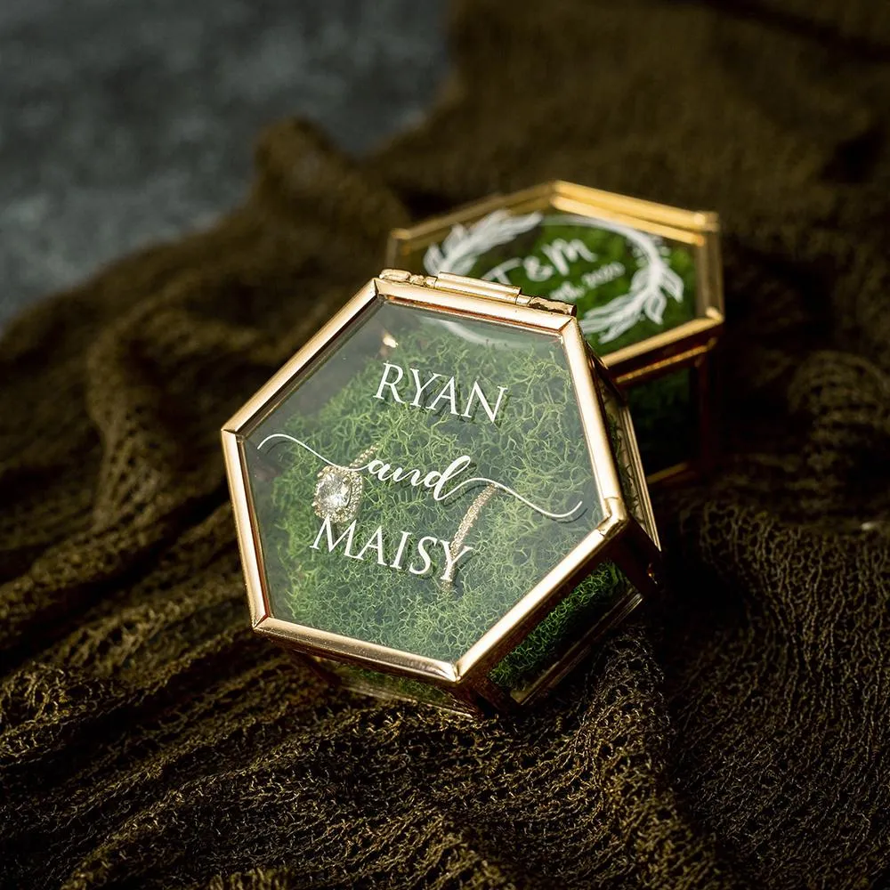 Rings Personalized Hexagon Glass Ring Box with Moss Wedding Gold Ring Bearer Box Modern Geometrical Clear Jewelry Storage Box