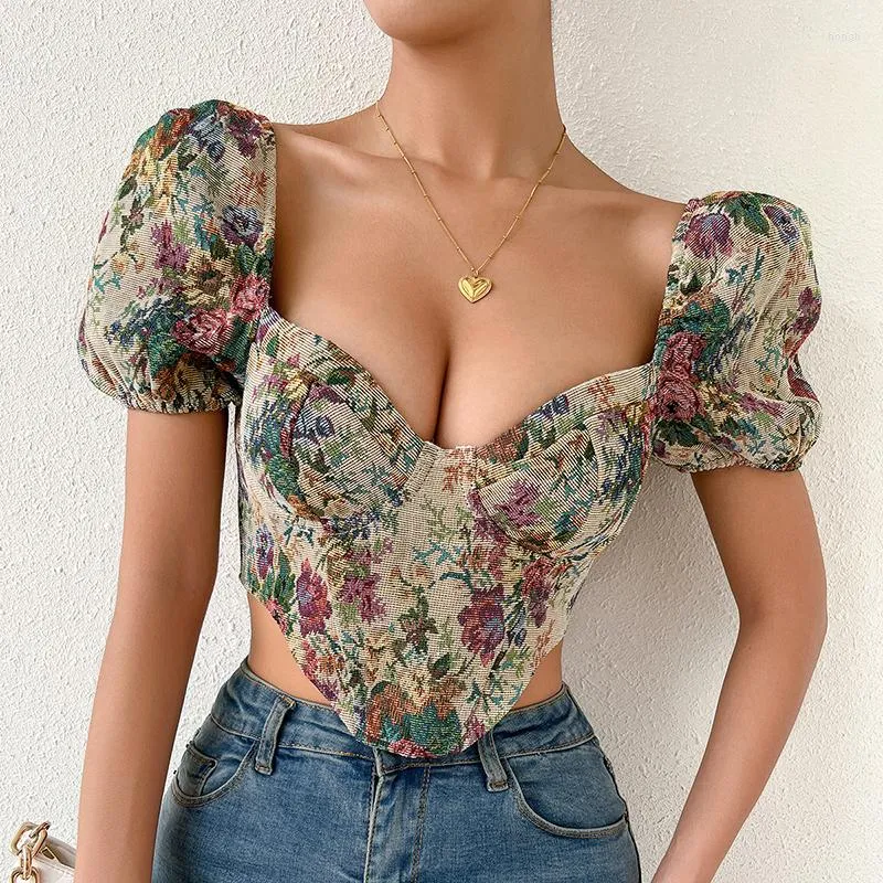 Women's Blouses French Style Vintage Corset Tops Women Blouse Sexy Floral Bustier Crop Top Tank Lace Up Flower Camisole Shaper Streetwear