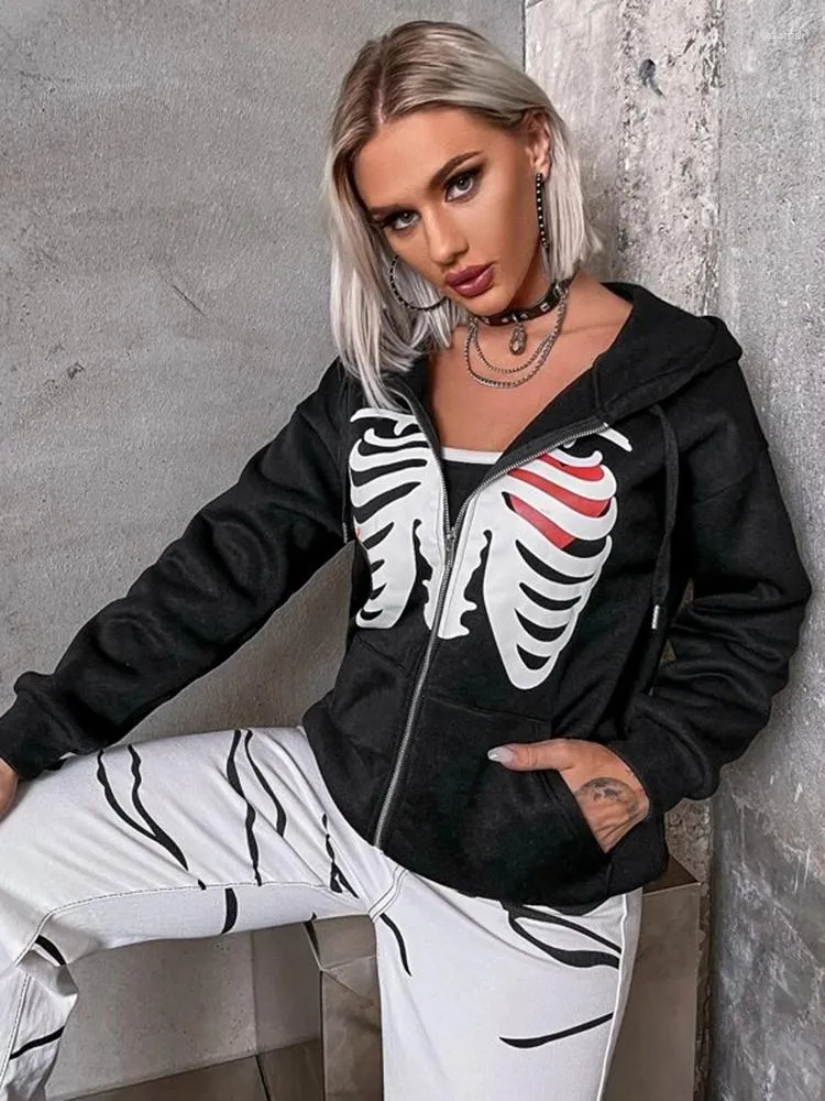 Huvtröjor Skellet Jacka Goth Hoodie Dam Höst Zip Up Långärmad Casual Damtröja Toppar Vintage Toppar Tjej