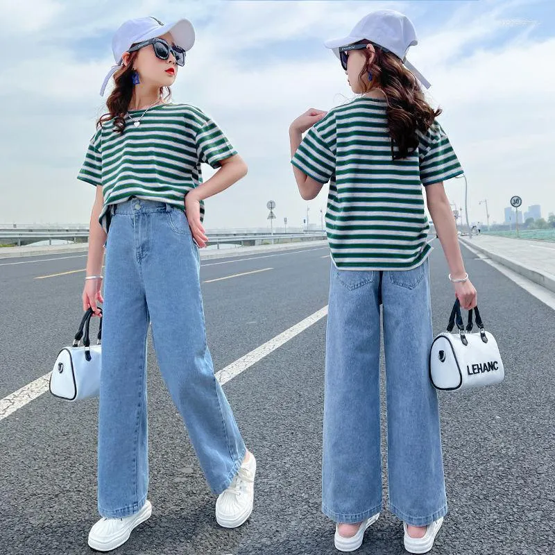 Summer Twinset Clothing For Girls Striped Loose T Shirt And Denim Pants  Outfit For Ages 6 14 2023 From Luohuazhiwu, $20.48