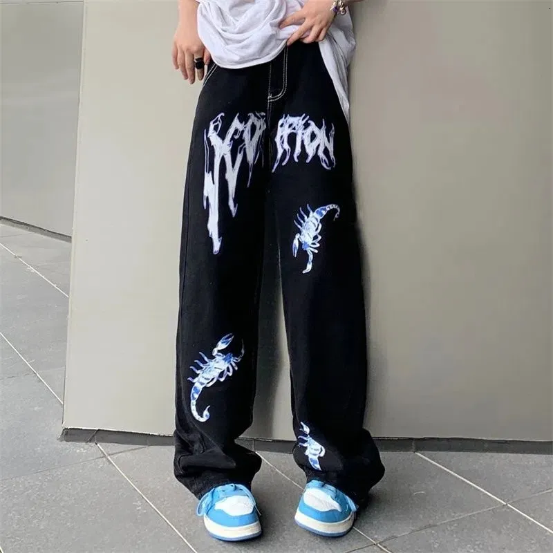 Mannen Broek High Street Rechte Jeans Vrouwelijke Mode Egirl Goth Kleding Anime Print Wijde Pijpen Daddy Baggy Taille Vrouw 230707