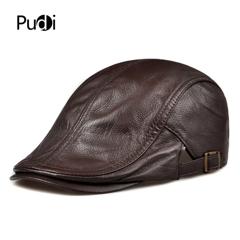 Pudi Men's Real Leather Dealball Cap Hat 2019 Fashion New Geather Leather Beal Belt Belt Trucker Caps Grain HL007