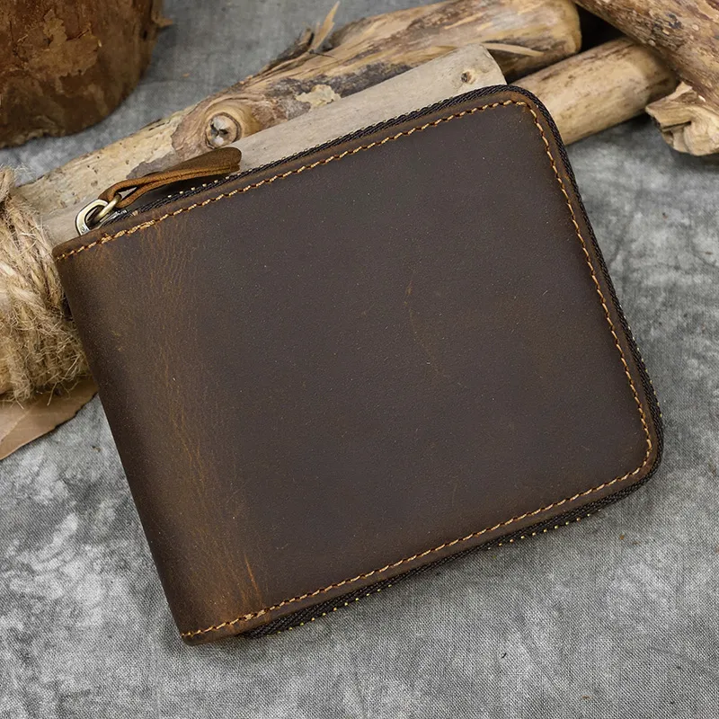 Carteira de couro genuíno Luufan com zíper em torno da carteira masculina e feminina natural, bolsa curta com bolso para moedas, bolsa com cartão e carteiras pequenas