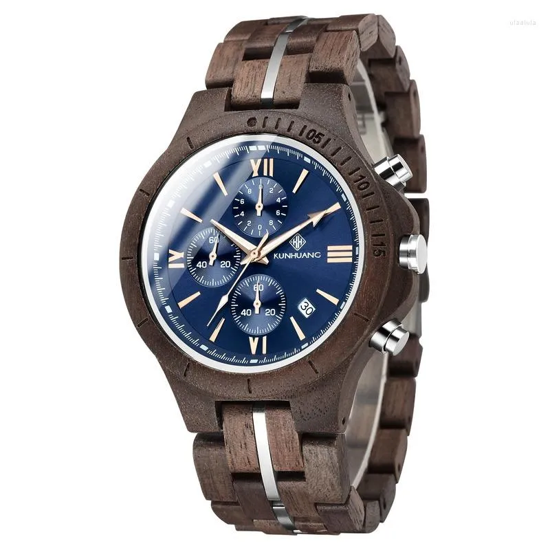 Montres-bracelets KUNHUANG mode montre en bois pour hommes sport Quartz multifonction horloge et ouvre-sangle outil de réglage