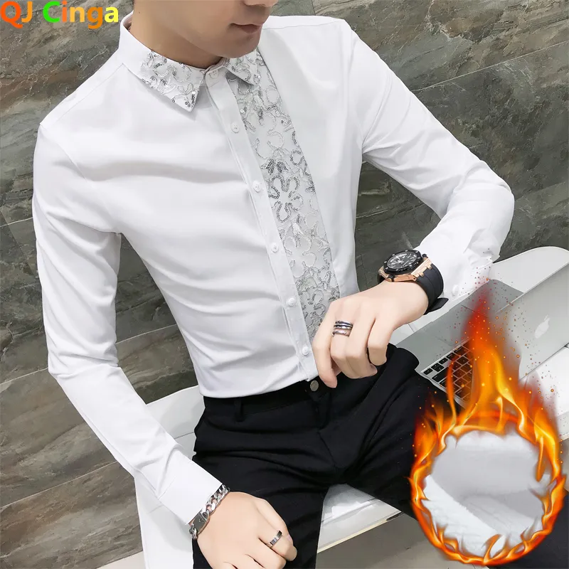 Men's Dress Shirts Winter White Fleece Long Shirt Fashion Slim Men QJ CINGA Brand Male Top Lace Stitching Decoration Camisa 230707