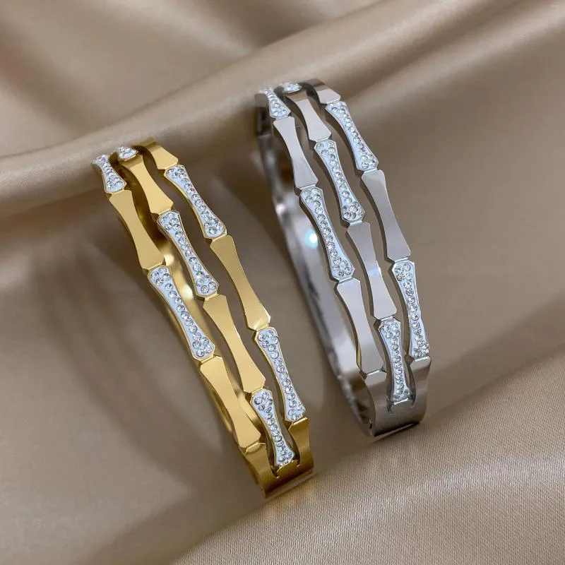 Charm Armbänder AENSOA 2023 Intarsien Zirkon Bambus Edelstahl Armreifen Für Frauen Einzigartige Hohle Gold Farbe Handgelenk Schmuck