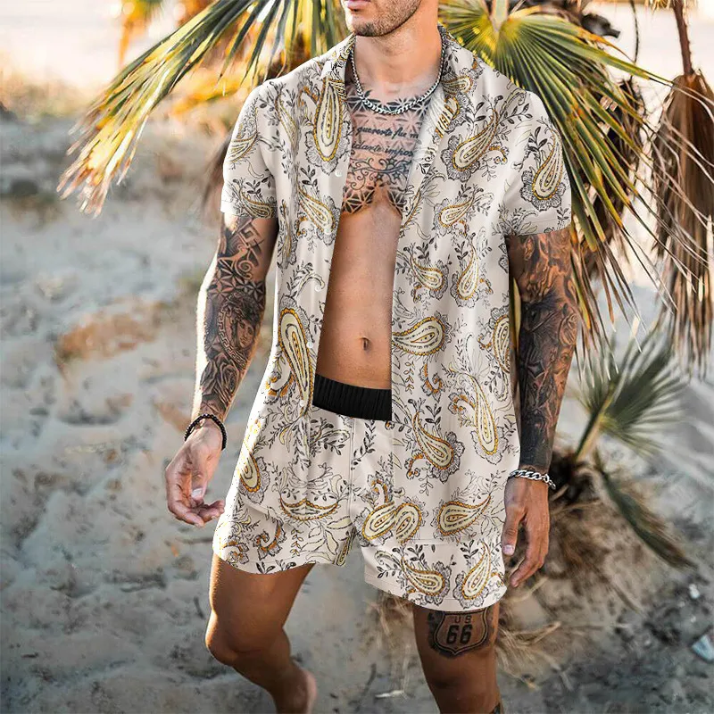 Beach Wear Summer Dress Shirt Shorts Set Two Piece men's Outfits Mens Hawaiian Shirt and Shorts Set Tropical Prints Great Casual Streetwear Clothes Suit