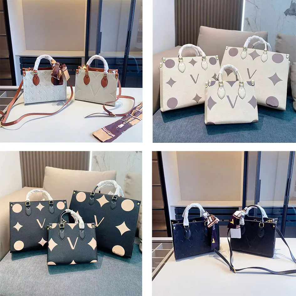 Designer Bag Women Tote Bag äkta läderbokstav prägling Flower Monograms On The Go Handbag Purse Crossbody Shopping Bag 3 Storlekar