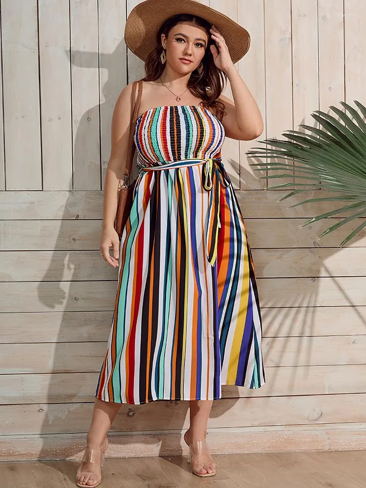 Plus Size Dresses Finjani Colorful Striped Shirred Tube Dress Women's Bohemian Summer Sexy Backless Long Skirt Sashes