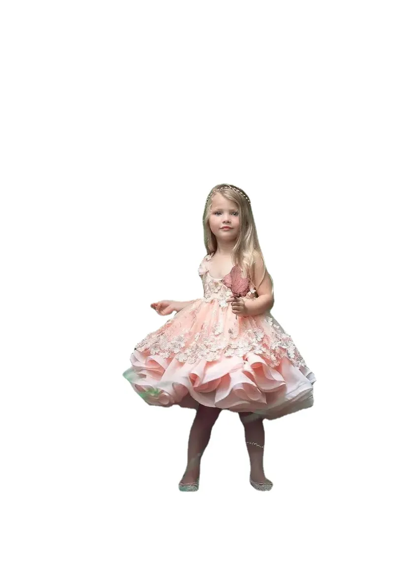 新しいかわいいピンクの花フラワー女の子のドレスクルーネックレース 3D アップリケノースリーブ膝丈女の子パーティードレス