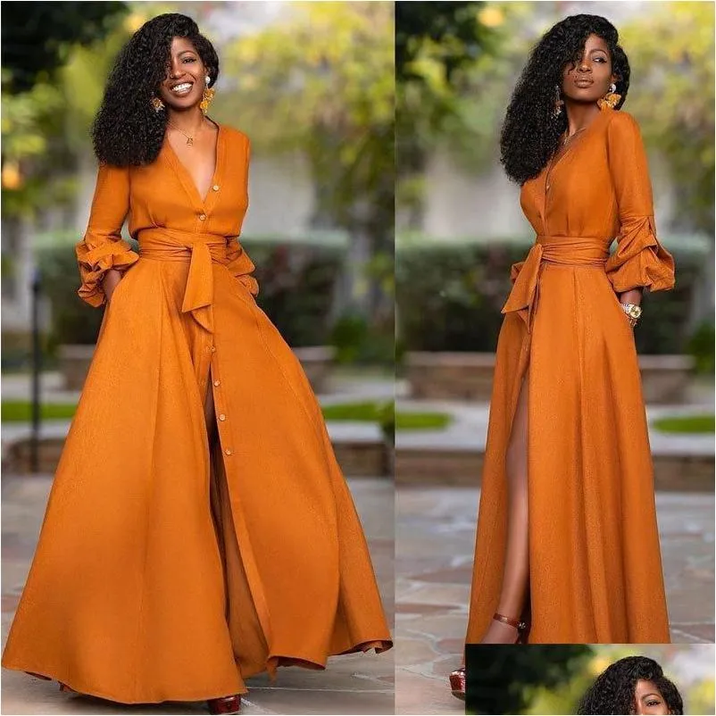 Robes Décontractées De Base Élégant Split Maxi Femmes Automne Col En V Profond À Manches Longues Robe De Soirée Dames Sexy Mince Plus La Taille Vêtement Africain Dhvjb