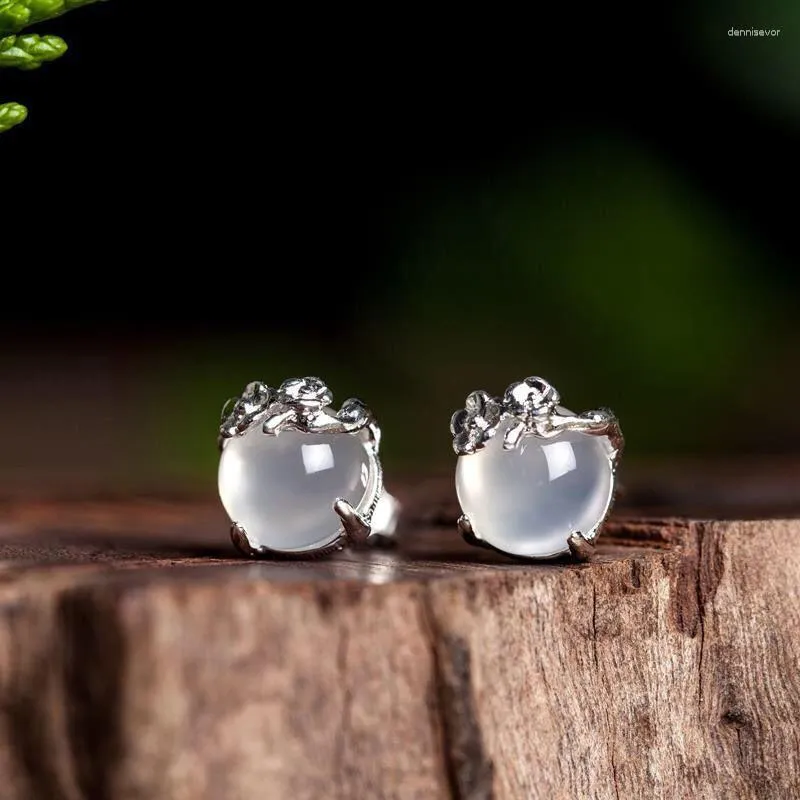 Boucles d'oreilles à tige Design créatif argent incrusté naturel Hetian calcédoine fleur ronde pour les femmes bijoux de fiançailles délicats et élégants