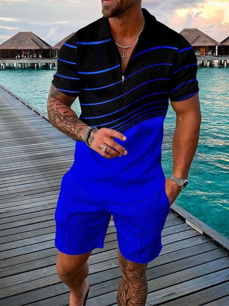 Survêtements pour hommes Été Hommes Survêtement Polo Shorts Set Curve Line Beach Trun Down Col Zipper Suit Surdimensionné Casual Outfit Streetwear Bleu 230707