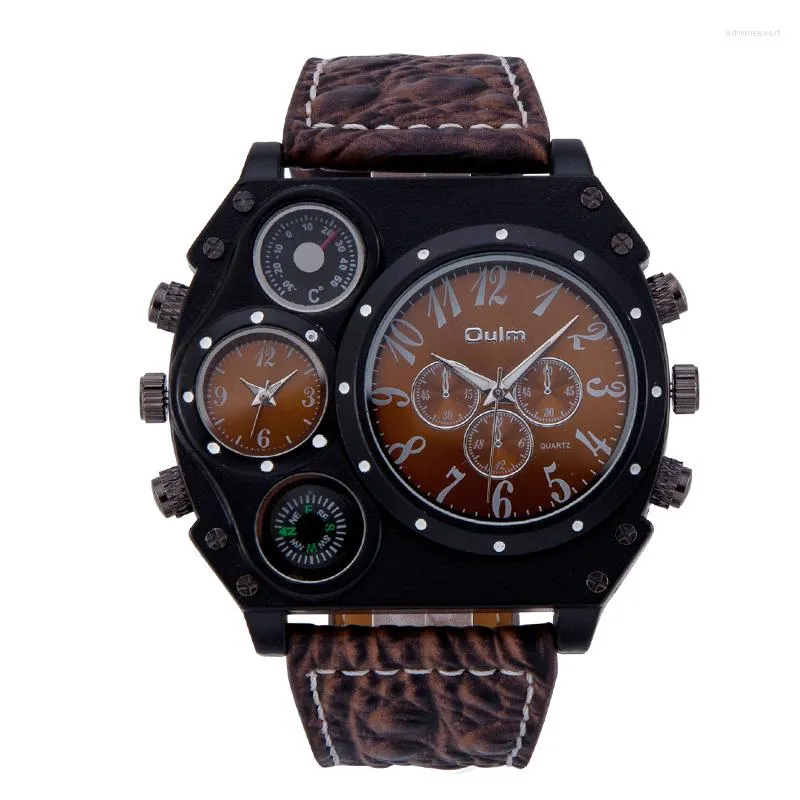 Wristwatches Oulm Unique Shape Outdoor Men s Quartz Leather Band Dual Time Zone Watch Relogios Masculinos De Luxo Original