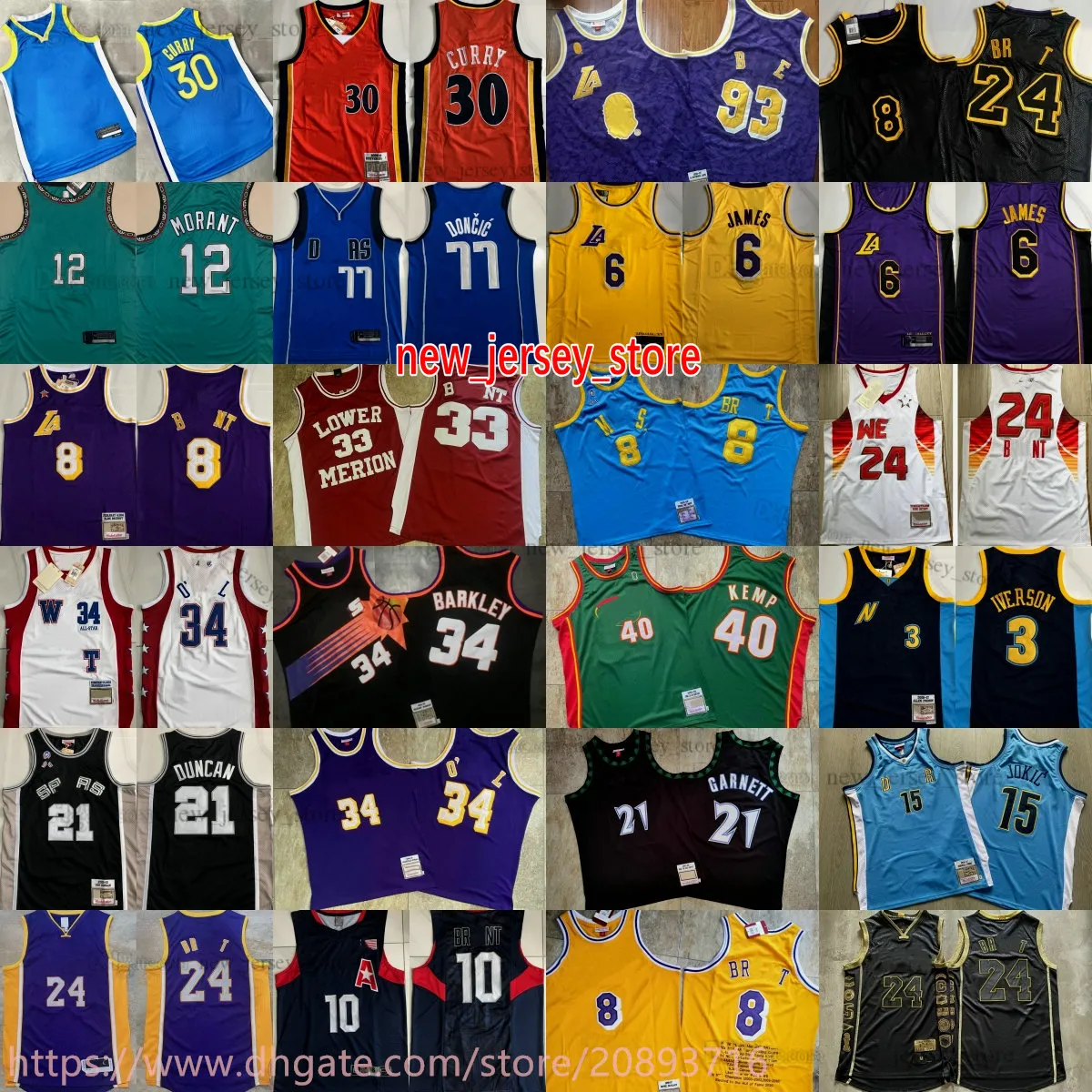 Autentyczny podwójny haftowany klasyczny Retro West Basketball Jersey 30Curry 3verson 21 Garnett 6james 34bararkley 40kemp 77doncic 12Morant 15jokic