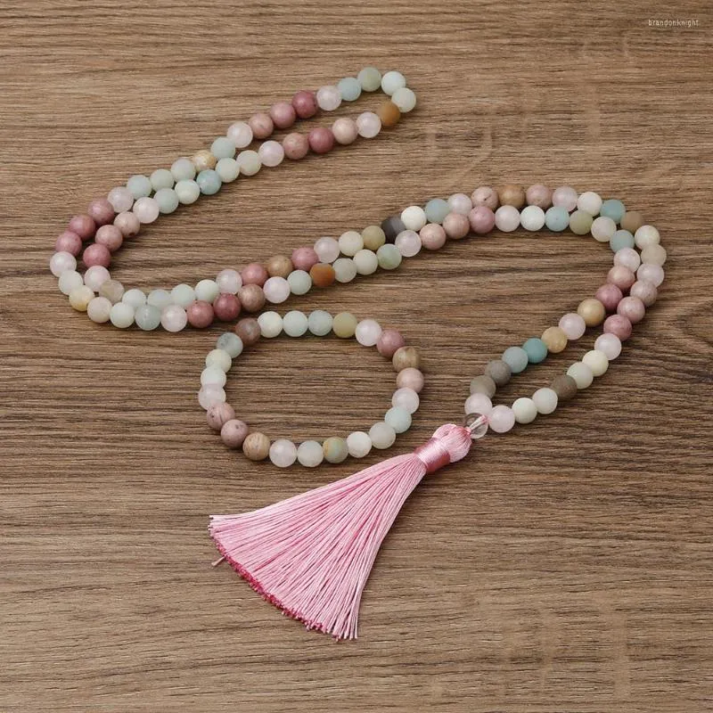 Halsband Örhängen Set OAIITE 8mm Rhodochrosite Amazonite Beads Mala Natursten Halsband Bönarmband Peaceful Heart Smycken