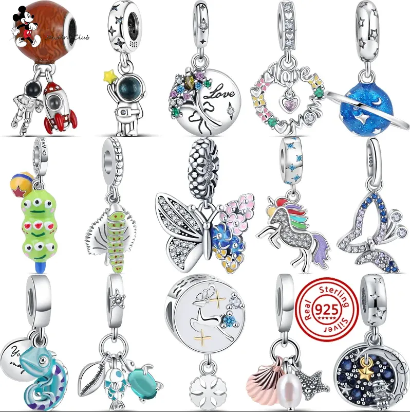 Pandora Charm için 925 Gümüş Boncuklar Takımlar Bilezik Buket Buket Çiçek Kelebek Mavi Uzay Seyahat Cazibesi Seti