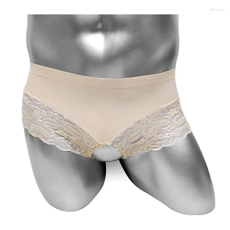 Slip ouvert entrejambe dentelle florale hommes slips sous-vêtements Sissy Sexy Lingerie culotte Bikini taille basse voir à travers mâle érotique