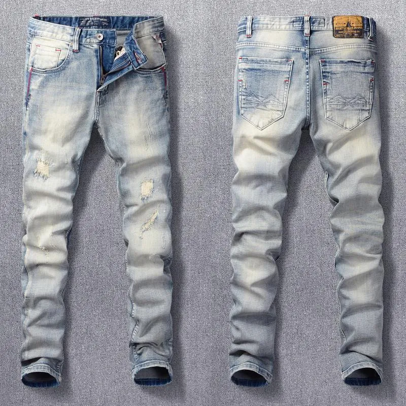 Men's Jeans Ly Designer Fashion Men Retro Light Gray Blue Elastic Slim Ripped Patchwork Vintage Casual Denim Pants Hombre