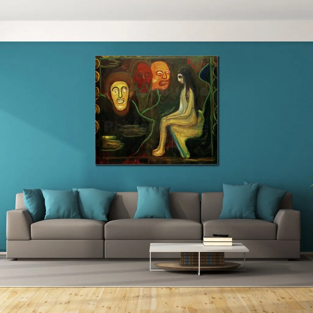 女性キャンバスアート少女と 3 つの男性の頭エドヴァルド・ムンク絵画手作りアートワーク家の装飾寝室用