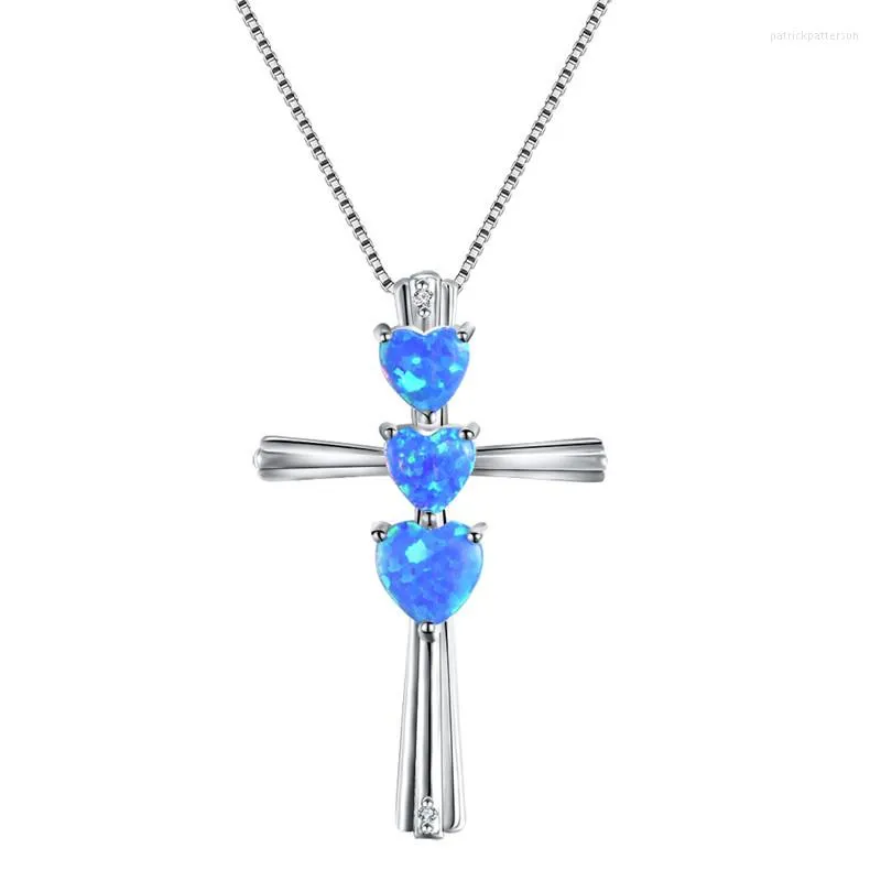 Pendant Necklaces White Blue Opal Heart Stone Necklace Female Classic Cross Black Gold Silver Color Chain For Women Men